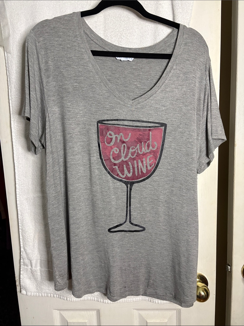 Boutique Gray V-Neck Tee with Pink Wine Glass Graphic